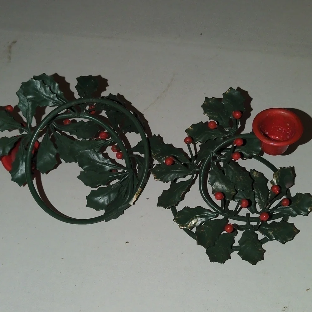 Christmas metal Candlestick Holders holly berries.
